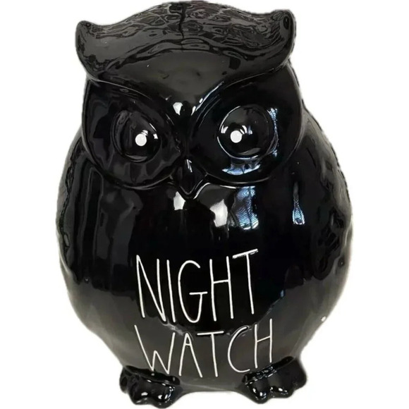 Rae Dunn Black Ceramic White Text Etched "Night Watch" Owl Figurine - Picture 2 of 5